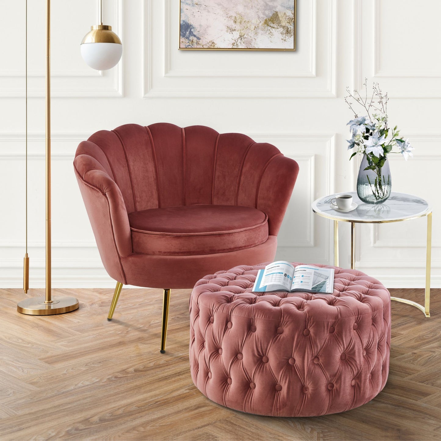Cosmos Tufted Velvet Fabric Round Ottoman Footstools - Rose Pink - Cosy Abode