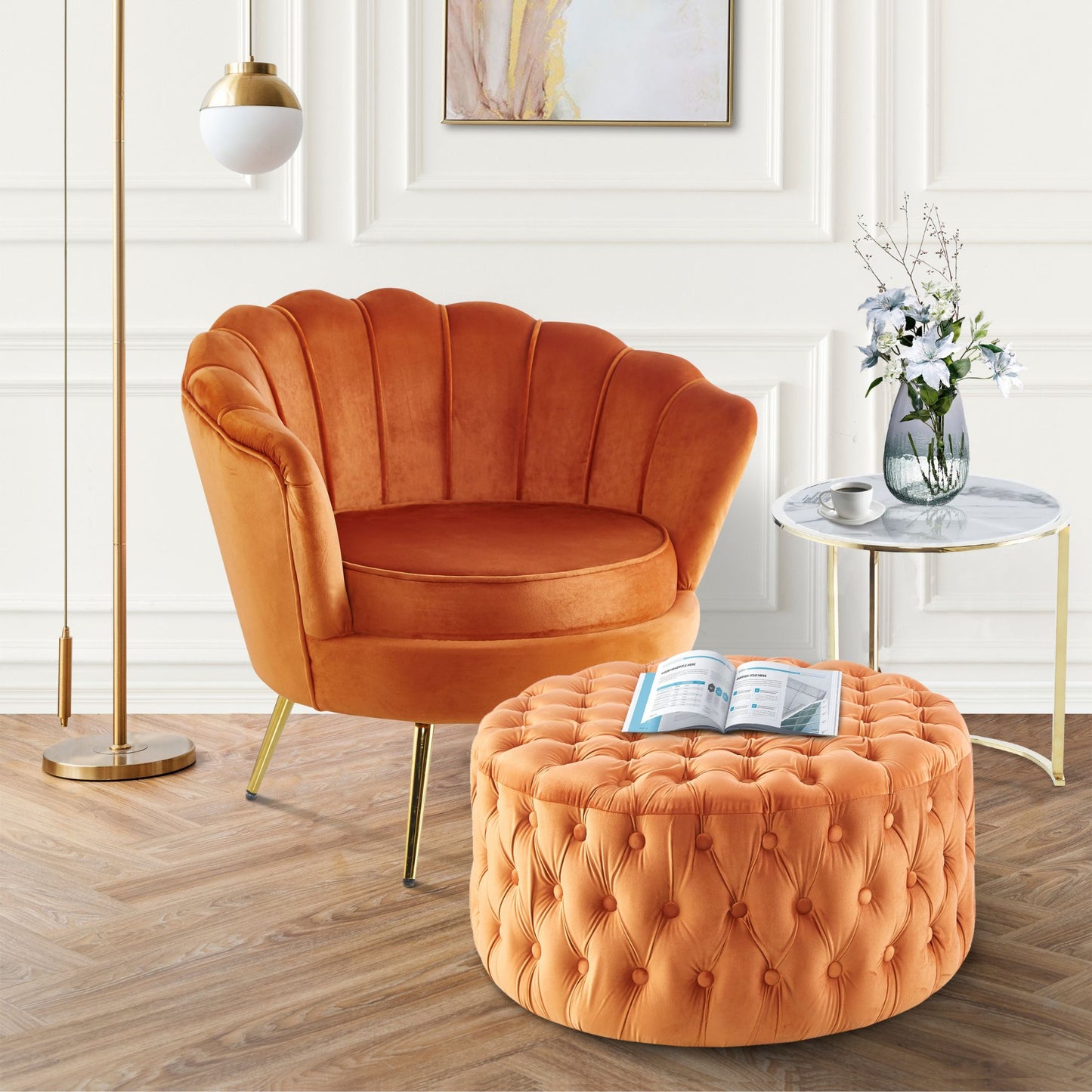 Cosmos Tufted Velvet Fabric Round Ottoman Footstools - Cinnamon - Cosy Abode