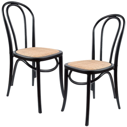 Azalea Arched Back Dining Chair 2 Set Solid Elm Timber Wood Rattan Seat - Black - Cosy Abode