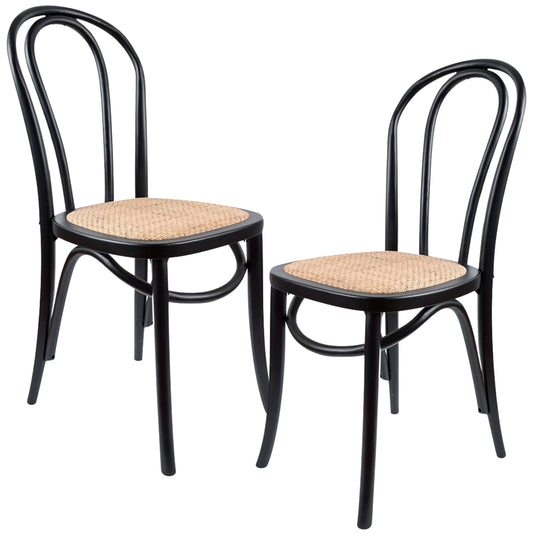 Azalea Arched Back Dining Chair 2 Set Solid Elm Timber Wood Rattan Seat - Black - Cosy Abode