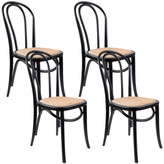 Azalea Arched Back Dining Chair 4 Set Solid Elm Timber Wood Rattan Seat - Black - Cosy Abode