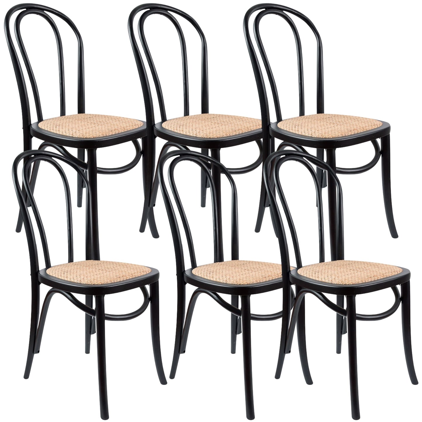 Azalea Arched Back Dining Chair 6 Set Solid Elm Timber Wood Rattan Seat - Black - Cosy Abode
