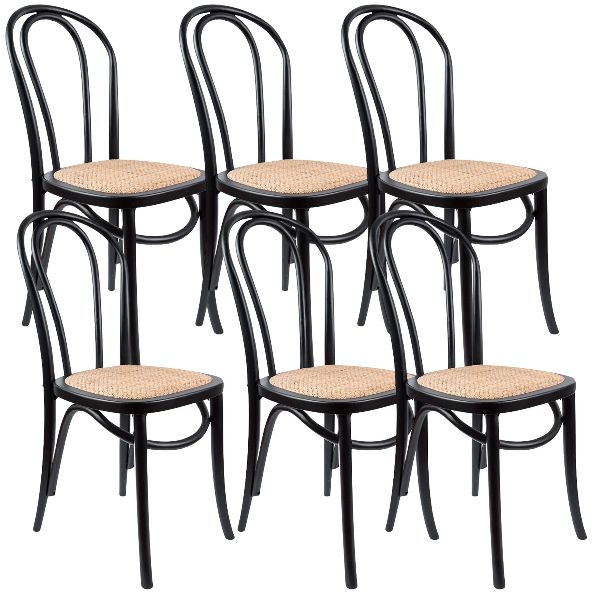 Azalea Arched Back Dining Chair 6 Set Solid Elm Timber Wood Rattan Seat - Black - Cosy Abode