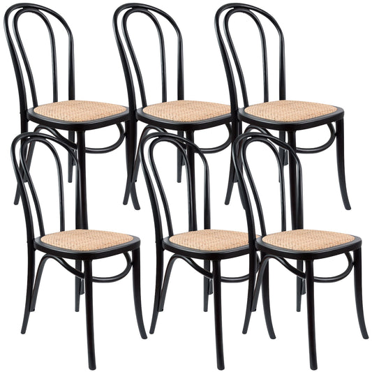 Azalea Arched Back Dining Chair 6 Set Solid Elm Timber Wood Rattan Seat - Black - Cosy Abode