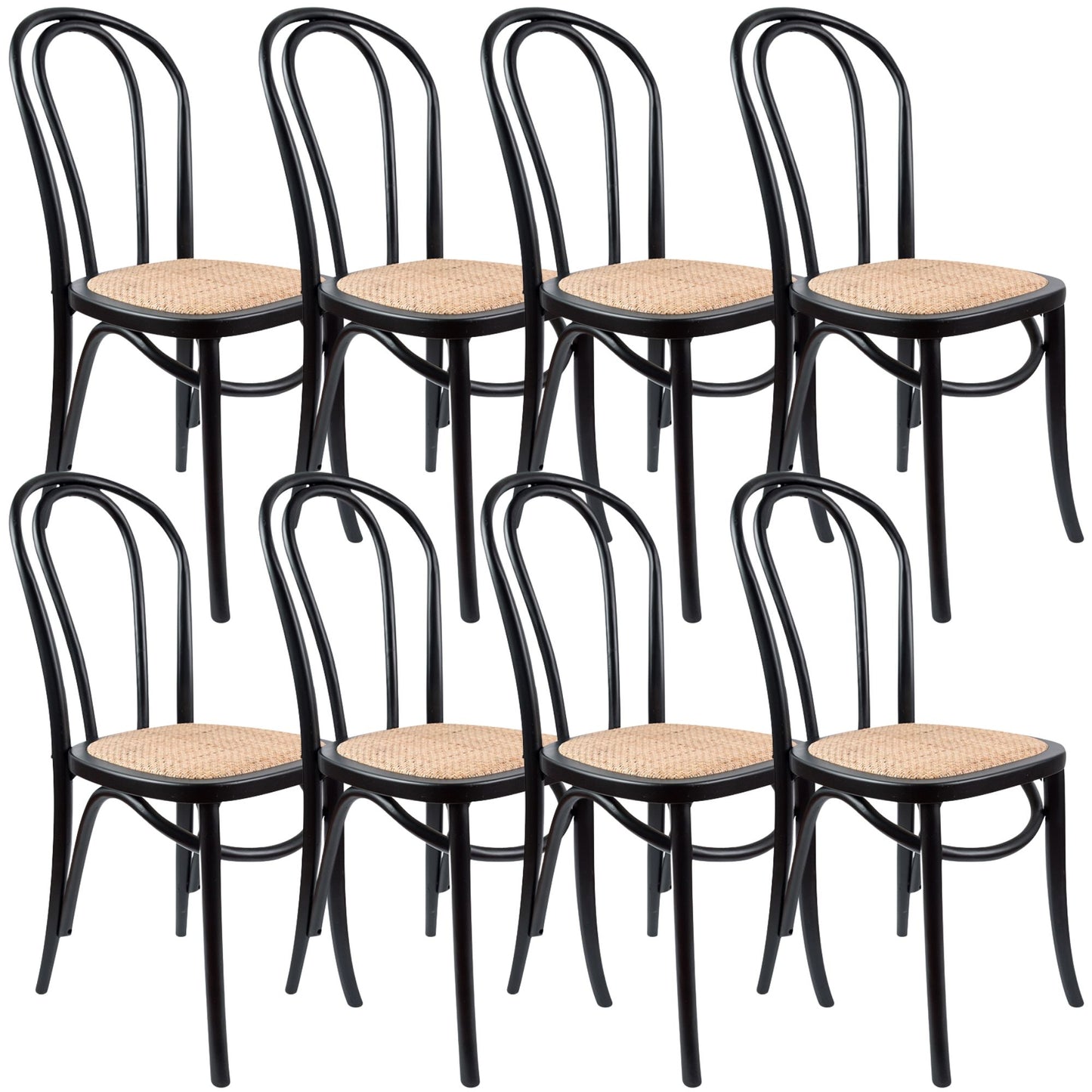 Azalea Arched Back Dining Chair 8 Set Solid Elm Timber Wood Rattan Seat - Black - Cosy Abode
