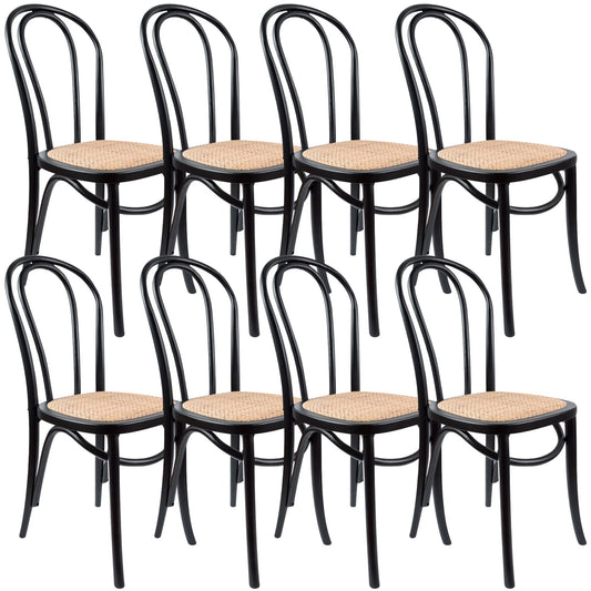 Azalea Arched Back Dining Chair 8 Set Solid Elm Timber Wood Rattan Seat - Black - Cosy Abode