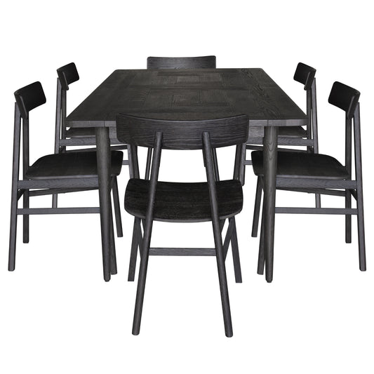 Claire 7pc Dining Set Table 180cm Solid Oak Wood Timber Seat Chair - Black - Cosy Abode