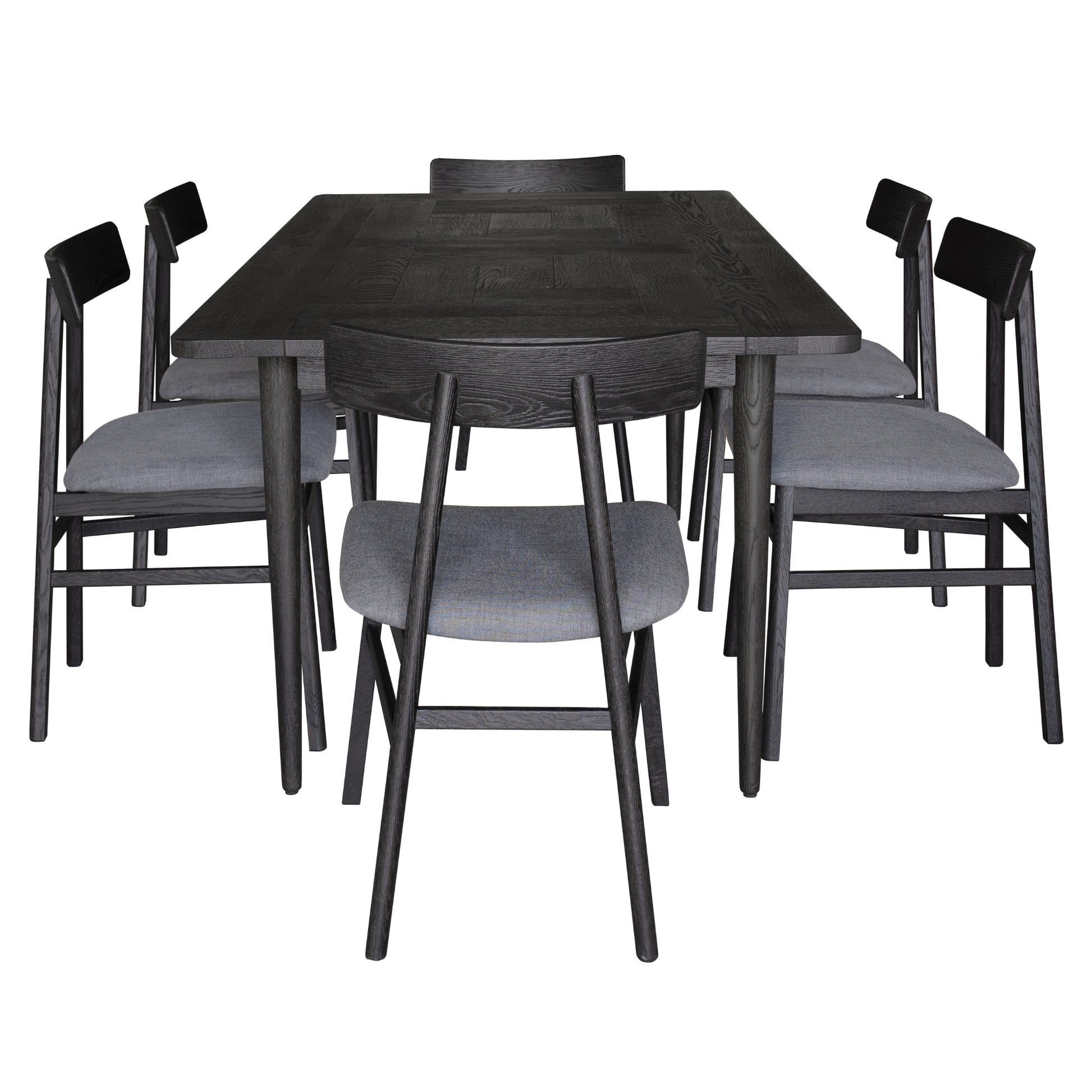 Claire 7pc Dining Set Table 180cm Solid Oak Wood Fabric Seat Chair - Black - Cosy Abode