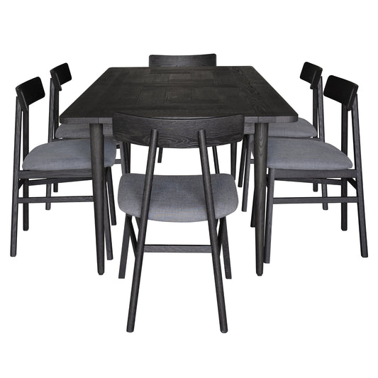 Claire 7pc Dining Set Table 180cm Solid Oak Wood Fabric Seat Chair - Black - Cosy Abode