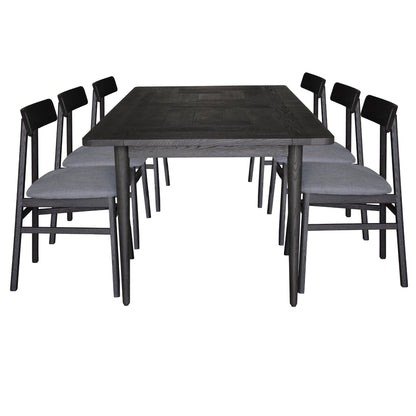 Claire 7pc Dining Set Table 180cm Solid Oak Wood Fabric Seat Chair - Black - Cosy Abode