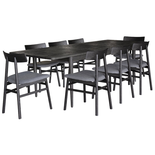 Claire 9pc Dining Set Table Extendable 170-230cm Oak Fabric Seat Chair - Black - Cosy Abode