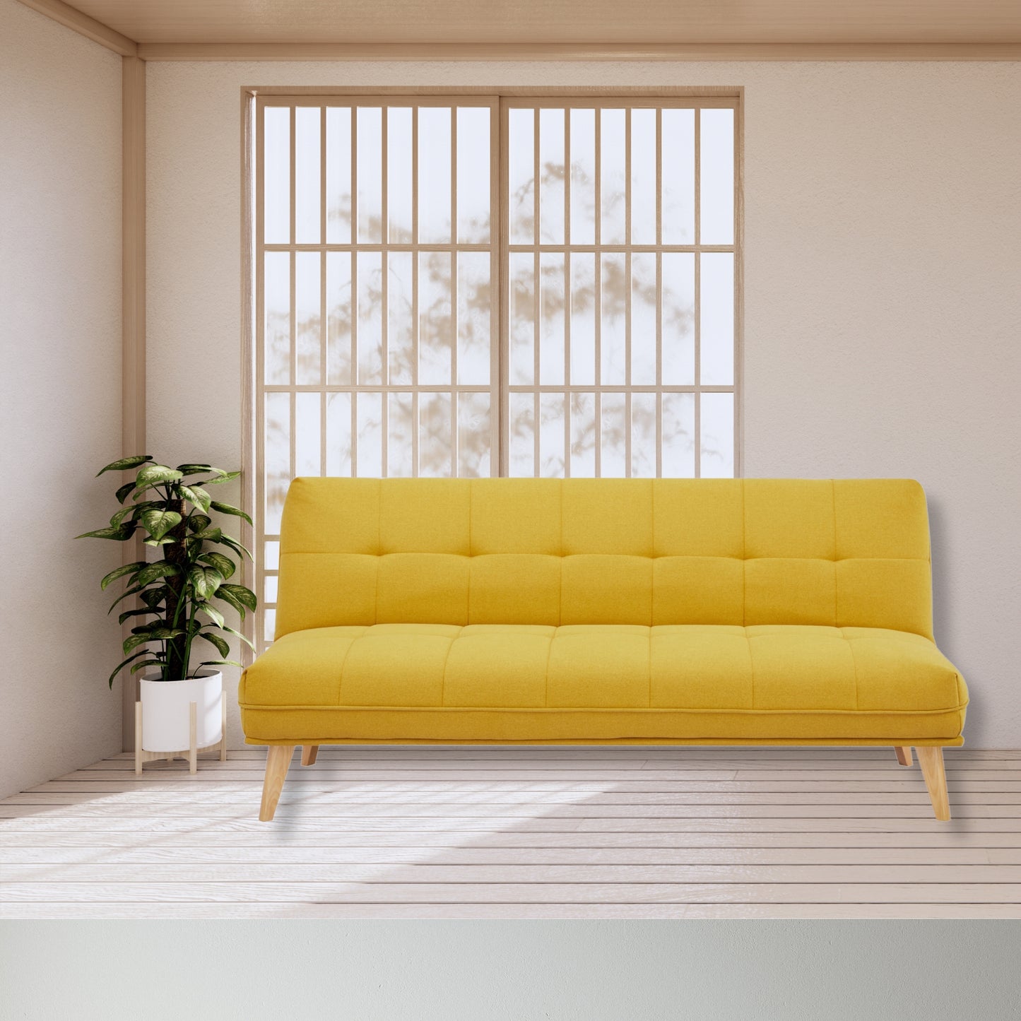 Jovie 3 Seater Sofa Queen Bed Fabric Uplholstered Lounge Couch - Yellow - Cosy Abode