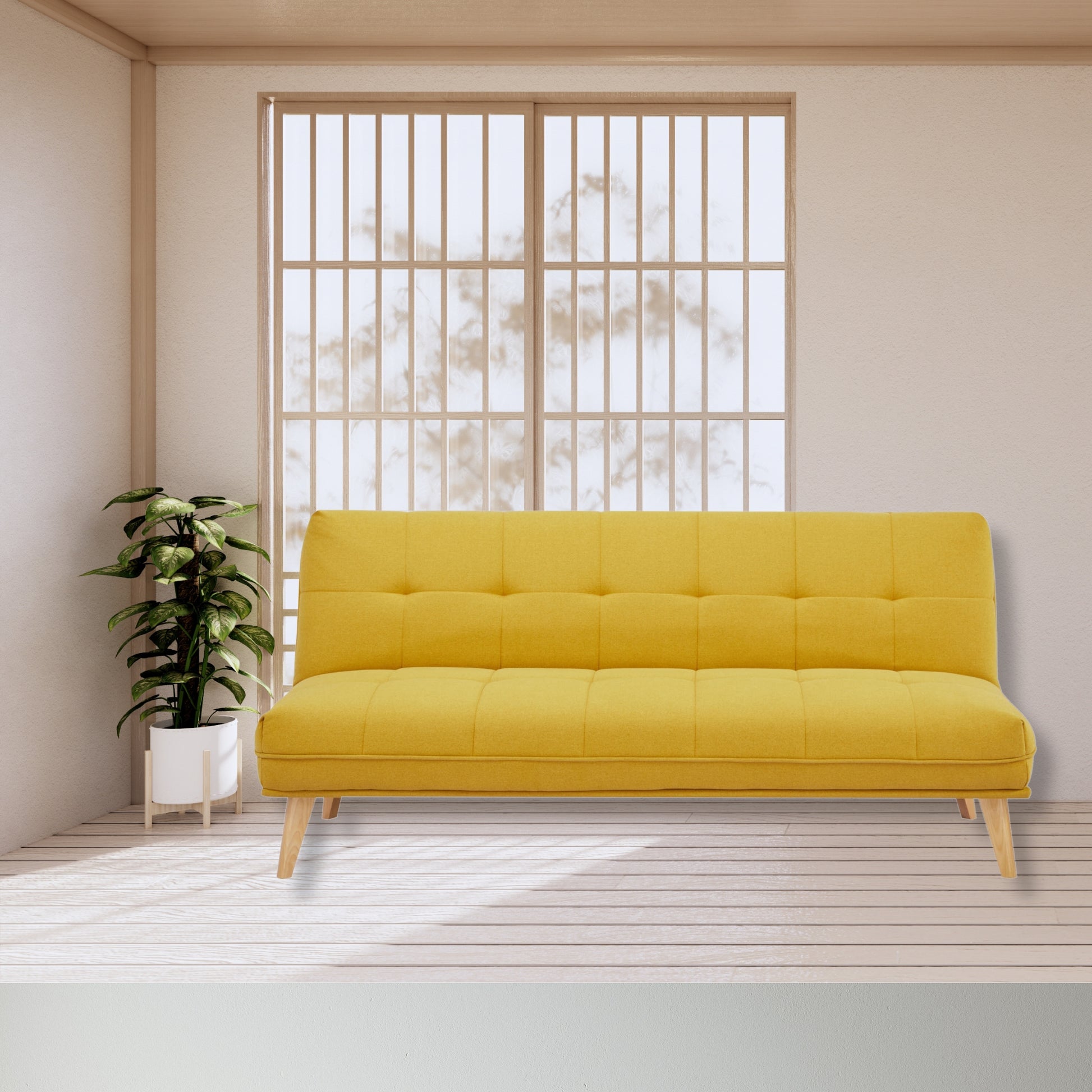 Jovie 3 Seater Sofa Queen Bed Fabric Uplholstered Lounge Couch - Yellow - Cosy Abode