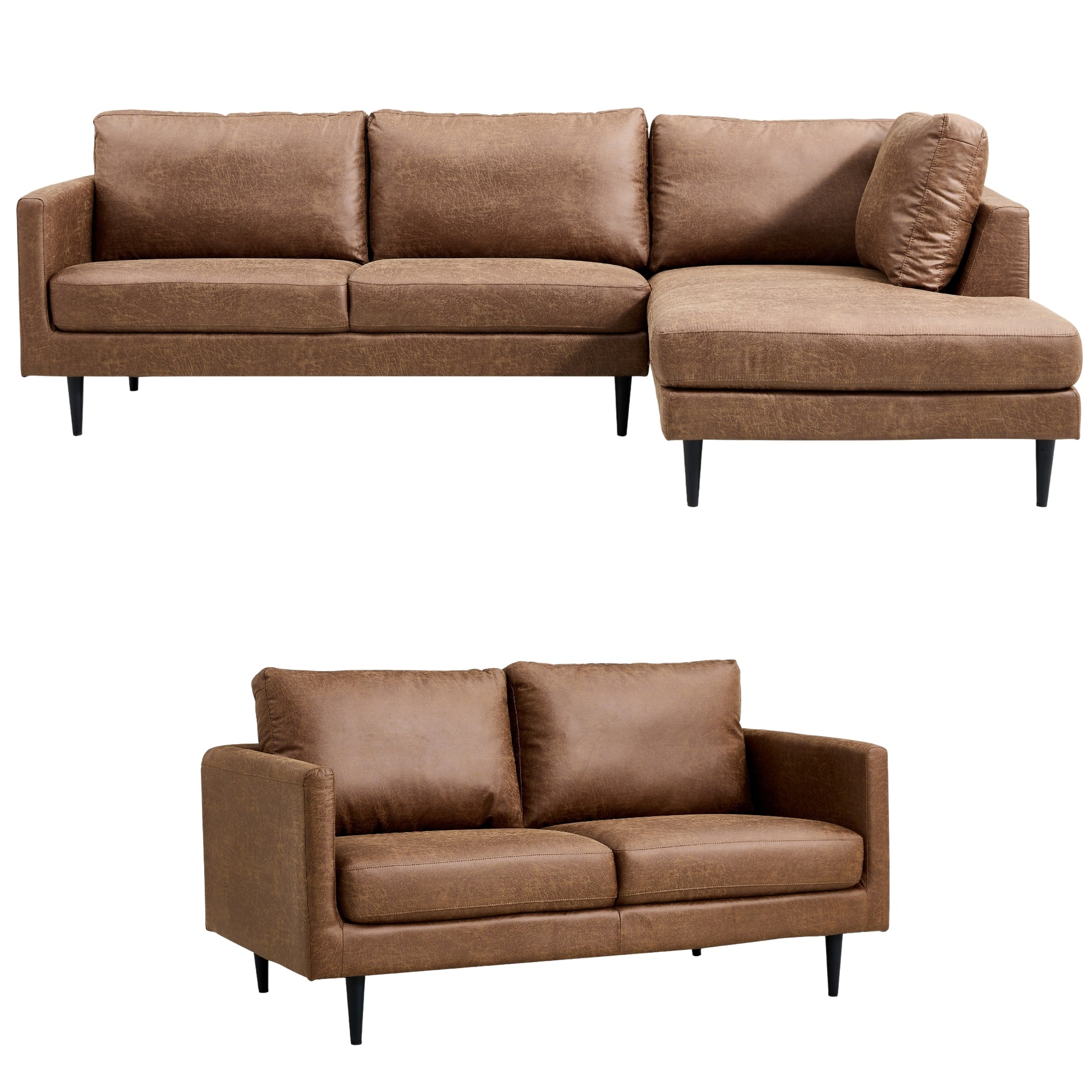 Athena 2 + 2 Seater Sofa Fabric Uplholstered Right Chaise Lounge Couch - Saddle - Cosy Abode