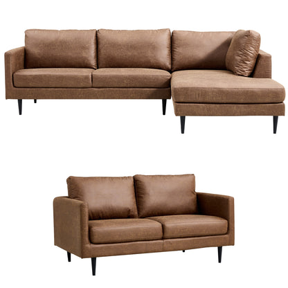 Athena 2 + 2 Seater Sofa Fabric Uplholstered Right Chaise Lounge Couch - Saddle - Cosy Abode
