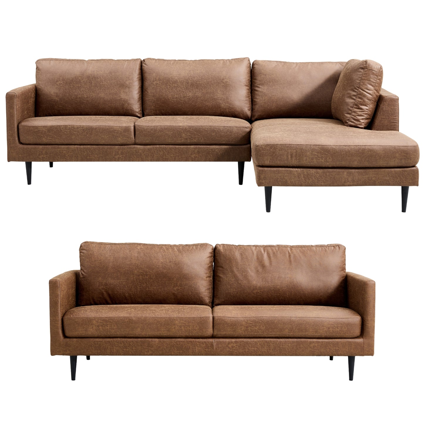 Athena 2 + 3 Seater Sofa Fabric Uplholstered Right Chaise Lounge Couch - Saddle - Cosy Abode