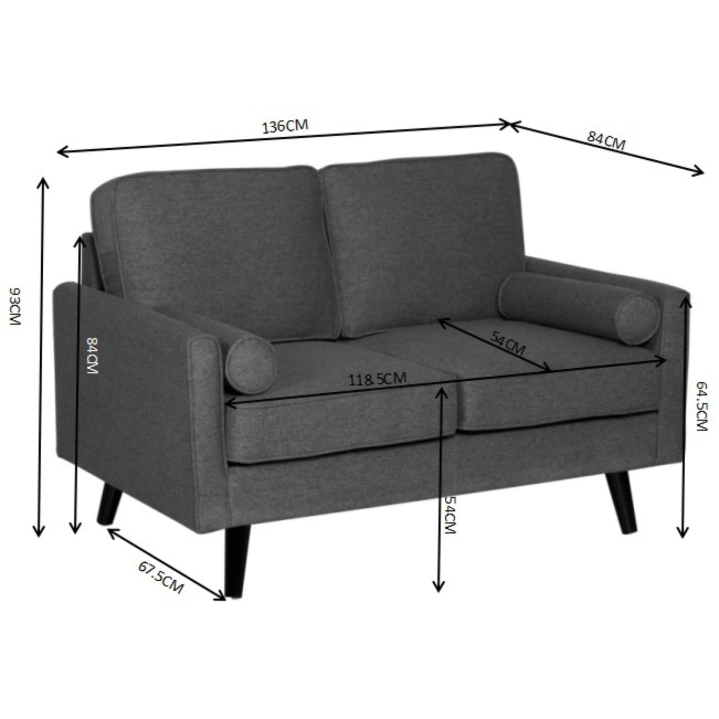 Lexi 2 Seater Sofa Fabric Uplholstered Lounge Couch - Dark Grey - Cosy Abode