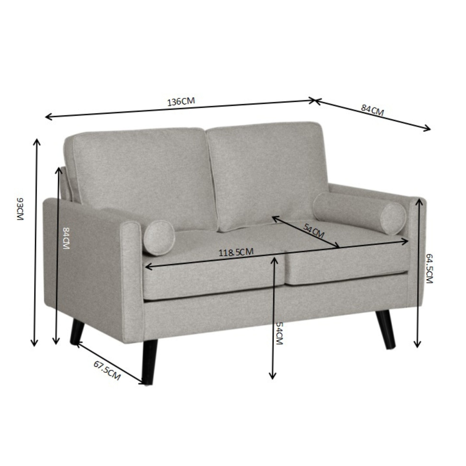 Lexi 2 Seater Sofa Fabric Uplholstered Lounge Couch - Light Grey - Cosy Abode