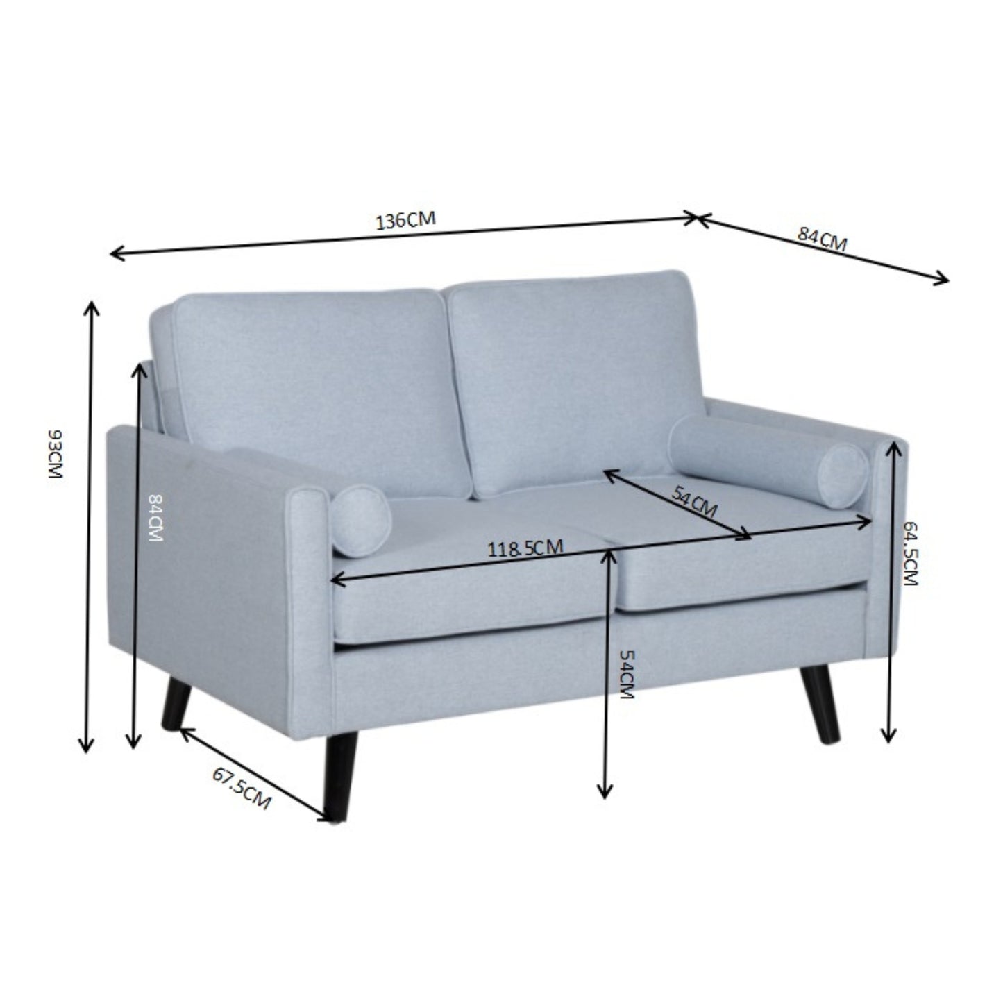 Lexi 2 Seater Sofa Fabric Uplholstered Lounge Couch - Light Blue - Cosy Abode