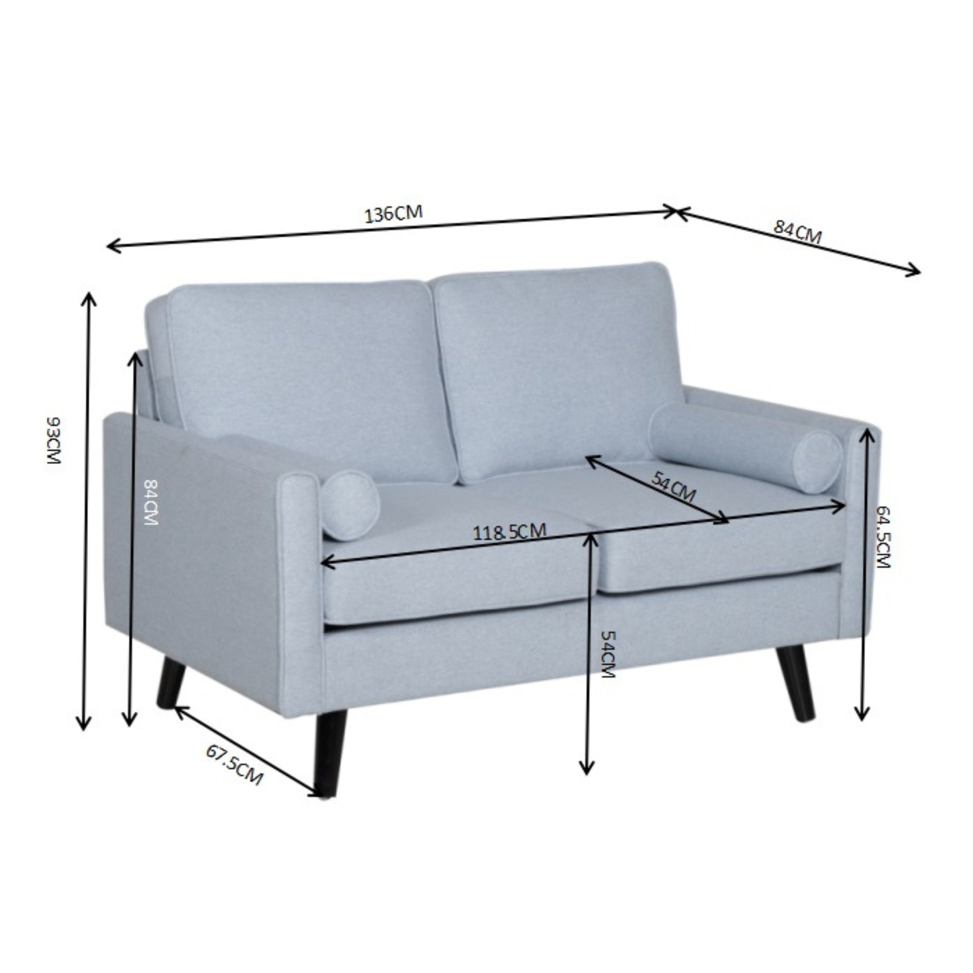 Lexi 2 Seater Sofa Fabric Uplholstered Lounge Couch - Light Blue - Cosy Abode