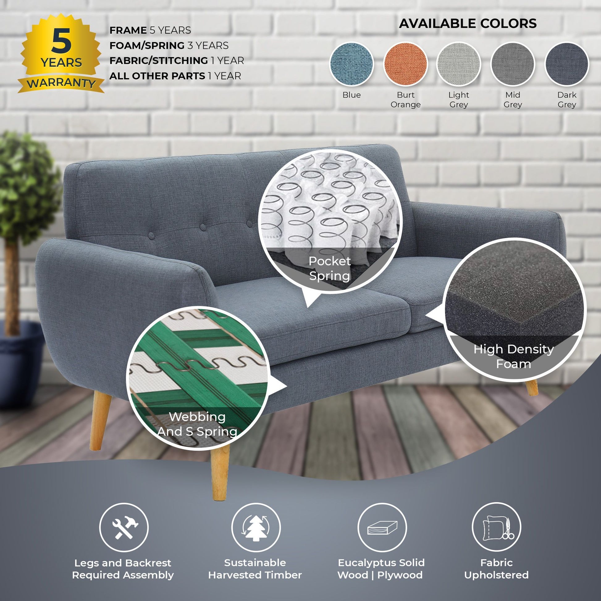 Dane 3 + 1 Seater Fabric Upholstered Sofa Armchair Lounge Couch - Dark Grey - Cosy Abode