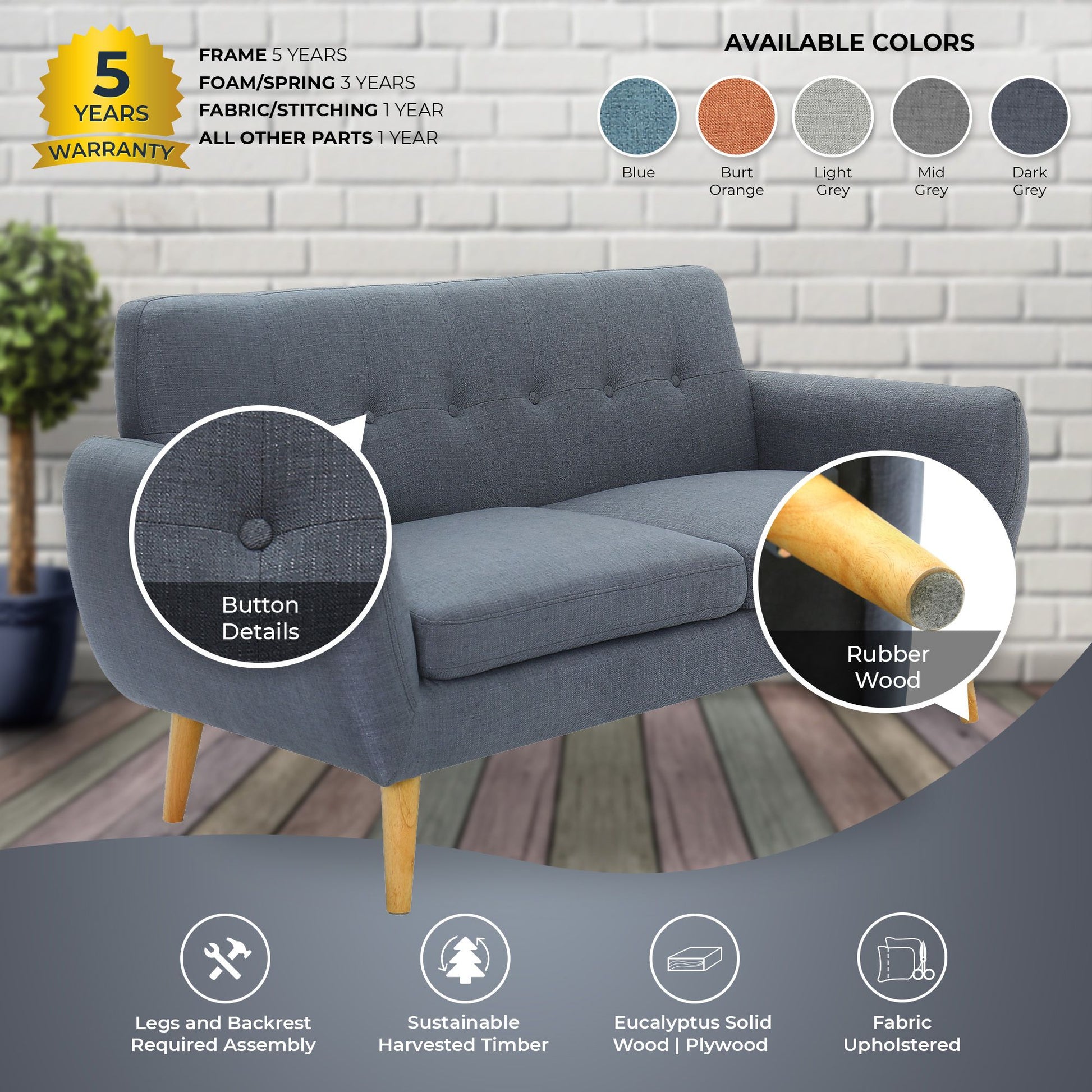 Dane 3 Seater Fabric Upholstered Sofa Lounge Couch - Dark Grey - Cosy Abode