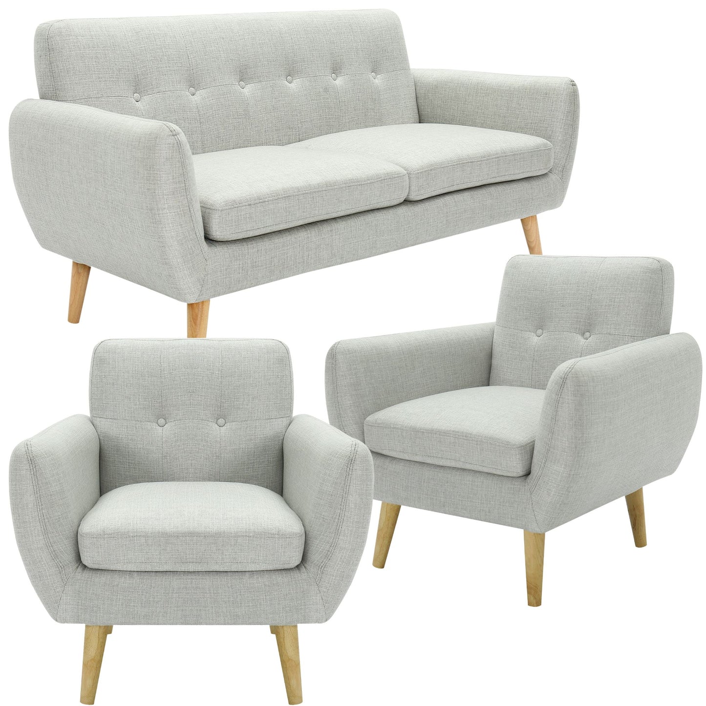 Dane 3 + 1 + 1 Seater Fabric Upholstered Sofa Armchair Lounge Couch - Light Grey - Cosy Abode