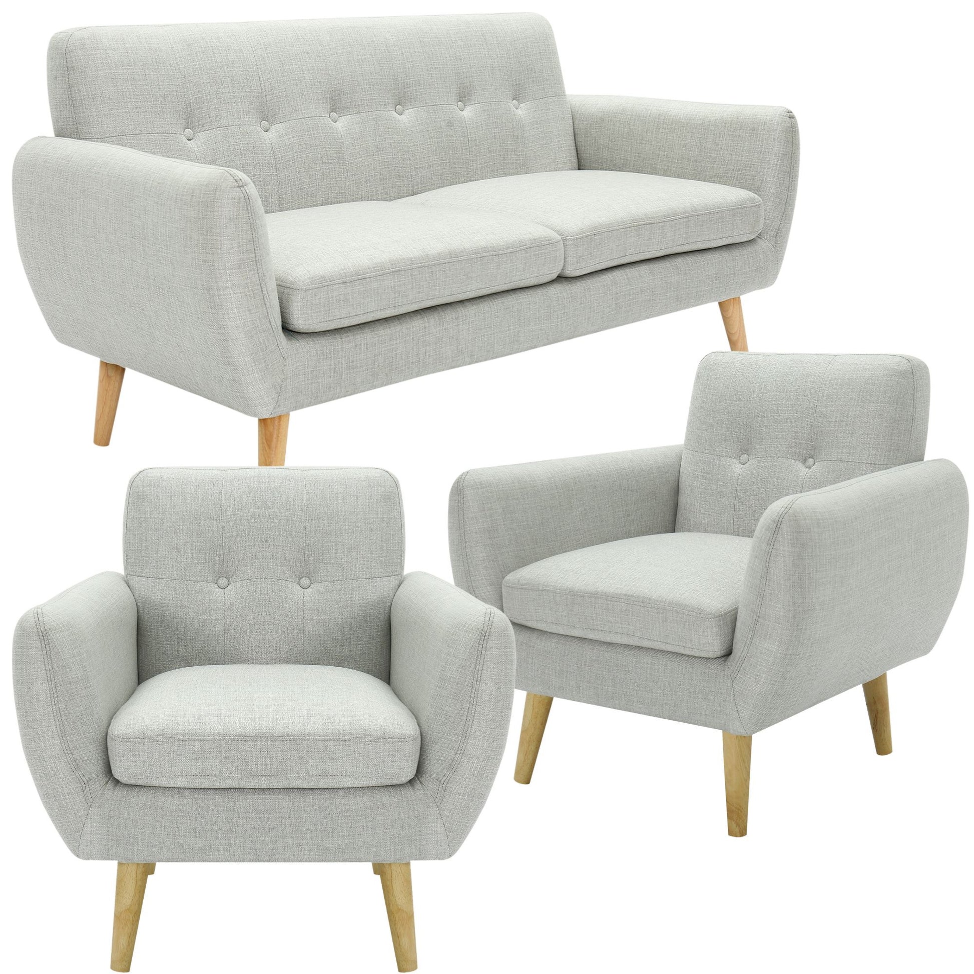 Dane 3 + 1 + 1 Seater Fabric Upholstered Sofa Armchair Lounge Couch - Light Grey - Cosy Abode