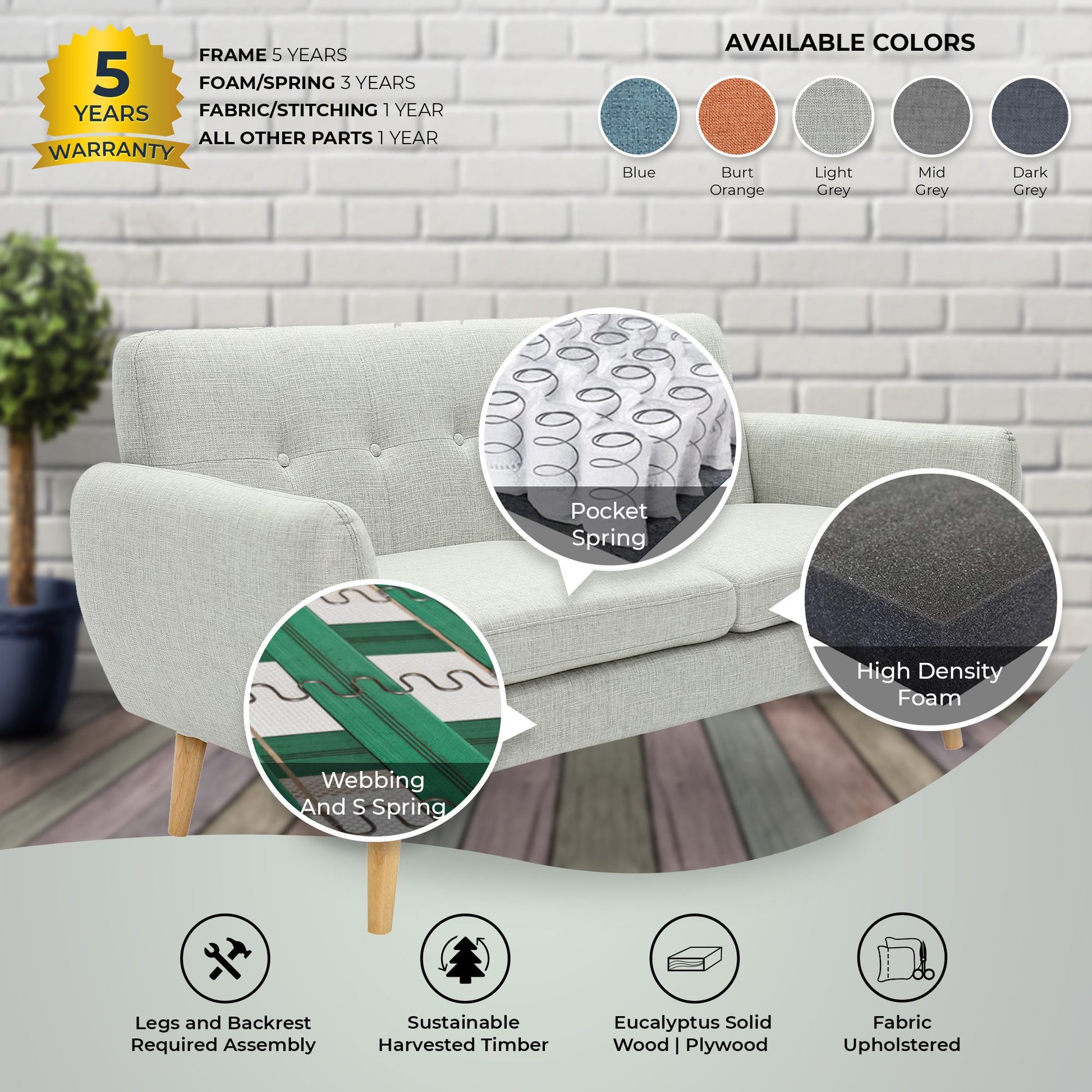 Dane 3 + 1 + 1 Seater Fabric Upholstered Sofa Armchair Lounge Couch - Light Grey - Cosy Abode