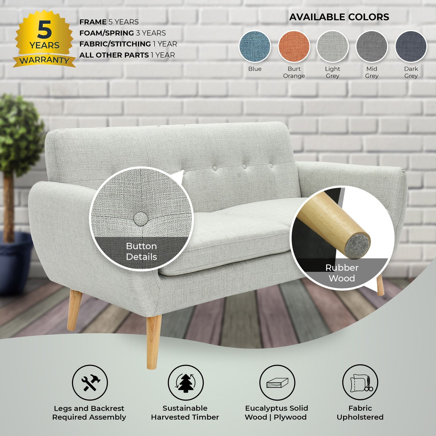 Dane 3 Seater Fabric Upholstered Sofa Lounge Couch - Light Grey - Cosy Abode