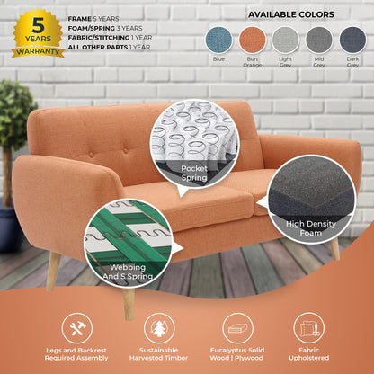 Dane 3 + 1 + 1 Seater Fabric Upholstered Sofa Armchair Lounge Couch - Orange - Cosy Abode