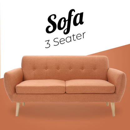 Dane 3 Seater Fabric Upholstered Sofa Lounge Couch - Orange - Cosy Abode