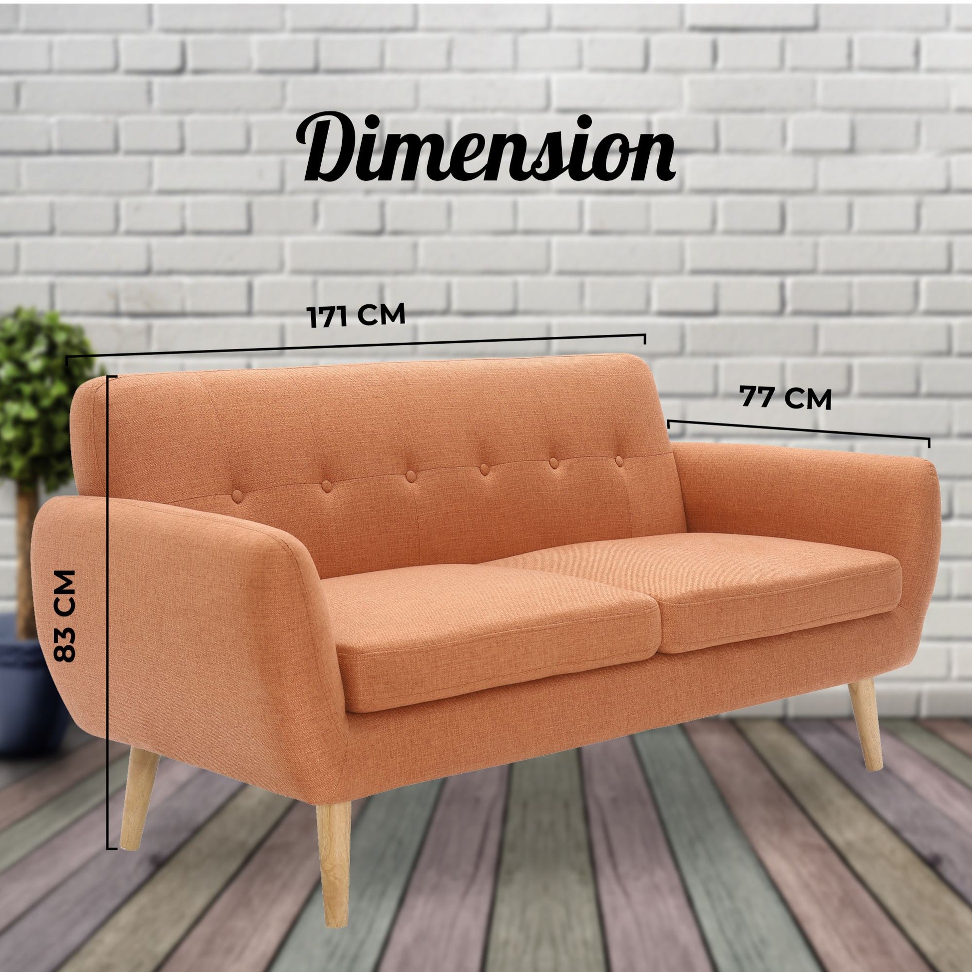Dane 3 Seater Fabric Upholstered Sofa Lounge Couch - Orange - Cosy Abode