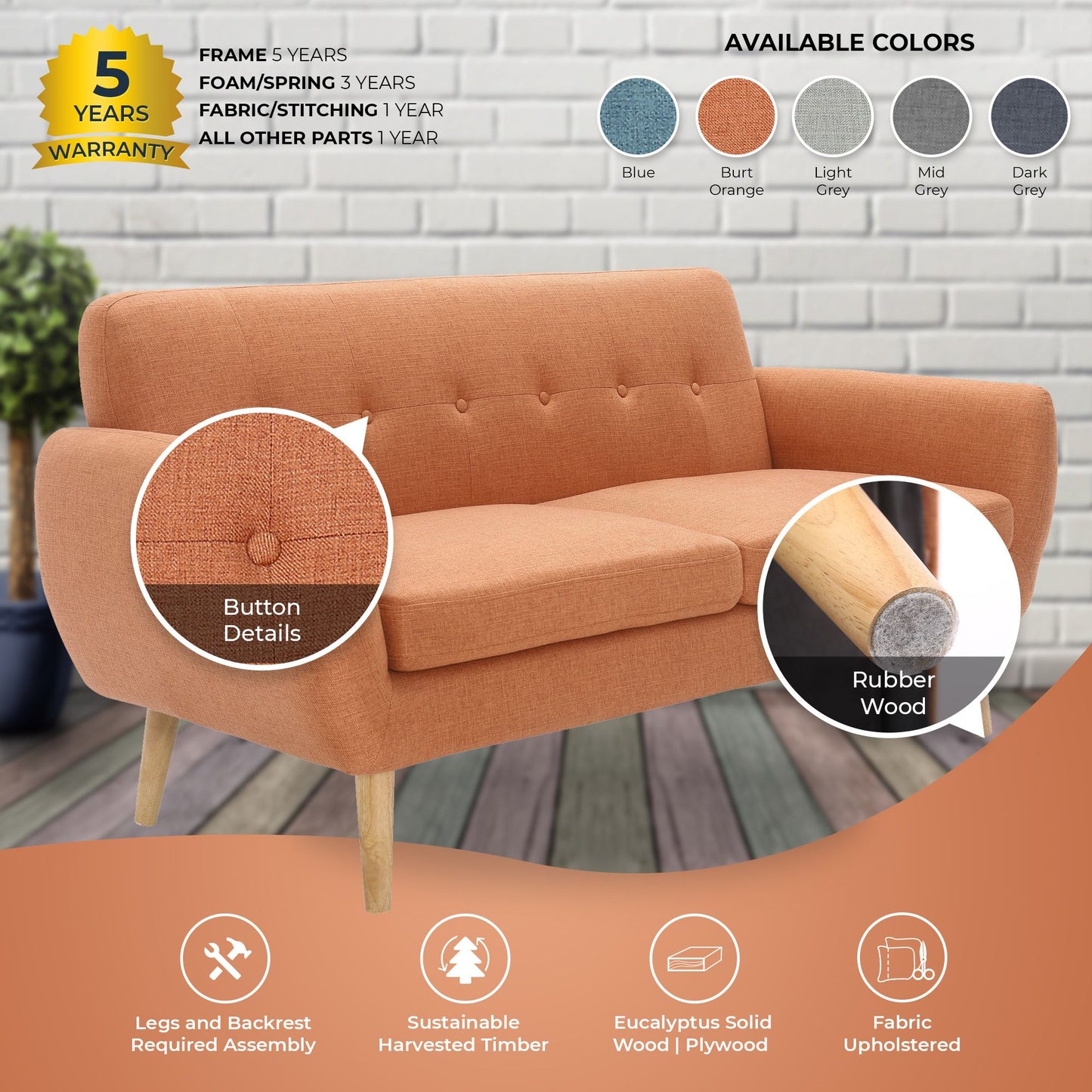 Dane 3 Seater Fabric Upholstered Sofa Lounge Couch - Orange - Cosy Abode