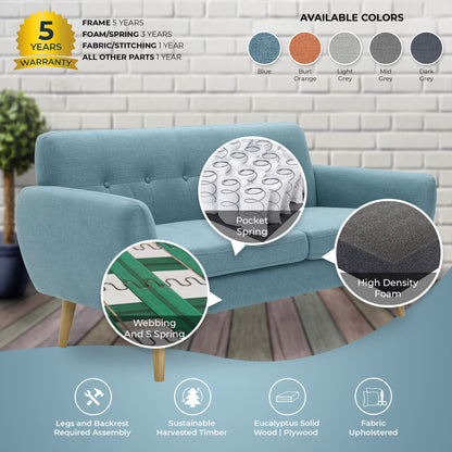 Dane 3 + 1 Seater Fabric Upholstered Sofa Armchair Lounge Couch - Blue - Cosy Abode