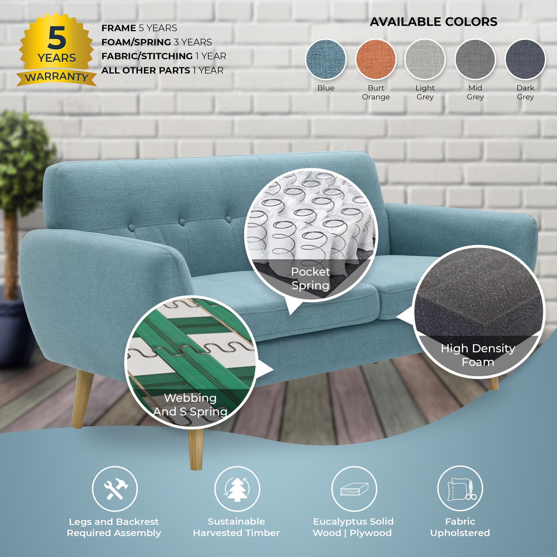 Dane 3 Seater Fabric Upholstered Sofa Lounge Couch - Blue - Cosy Abode