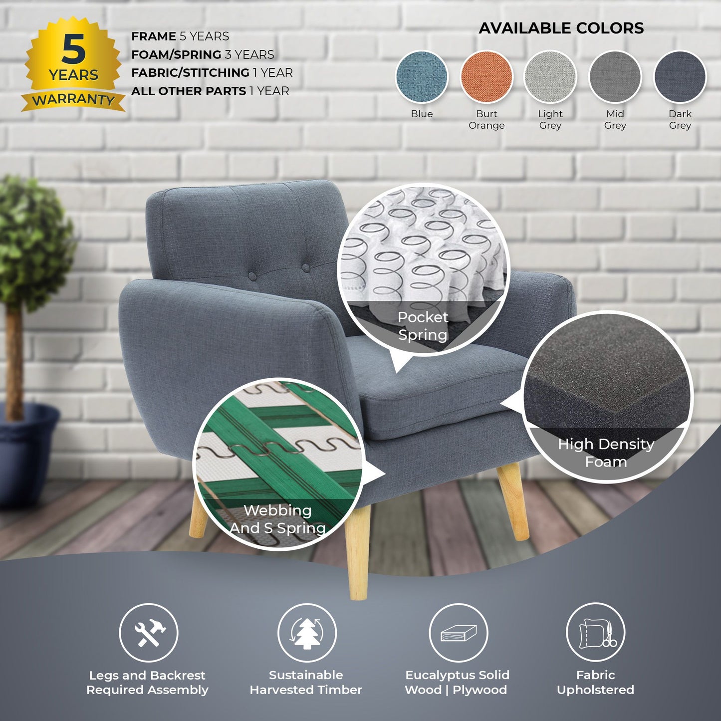 Dane Single Seater Fabric Upholstered Sofa Armchair Set of 2 - Dark Grey - Cosy Abode
