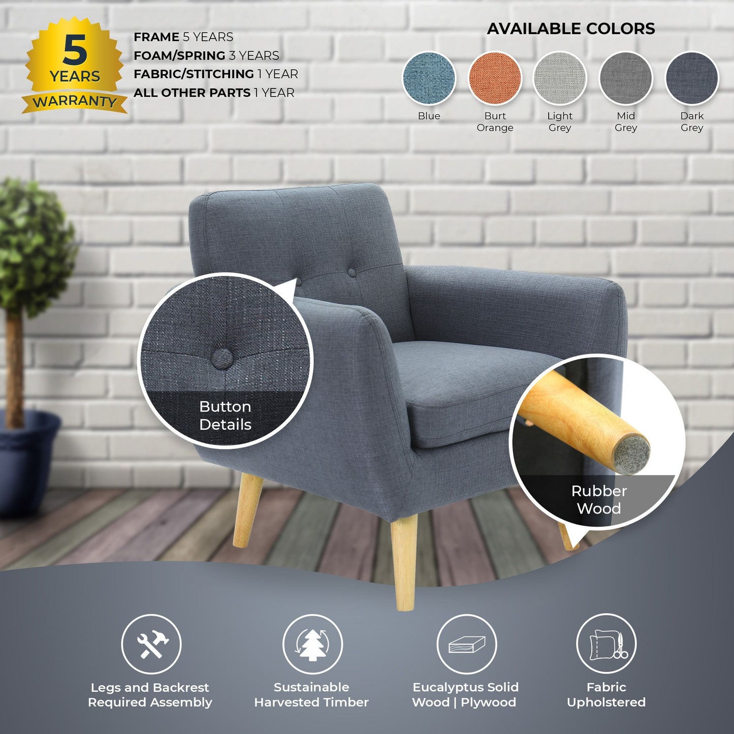 Dane Single Seater Fabric Upholstered Sofa Armchair Lounge Couch - Dark Grey - Cosy Abode