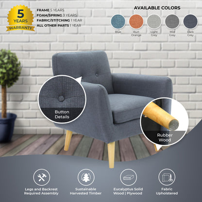 Dane Single Seater Fabric Upholstered Sofa Armchair Lounge Couch - Dark Grey - Cosy Abode