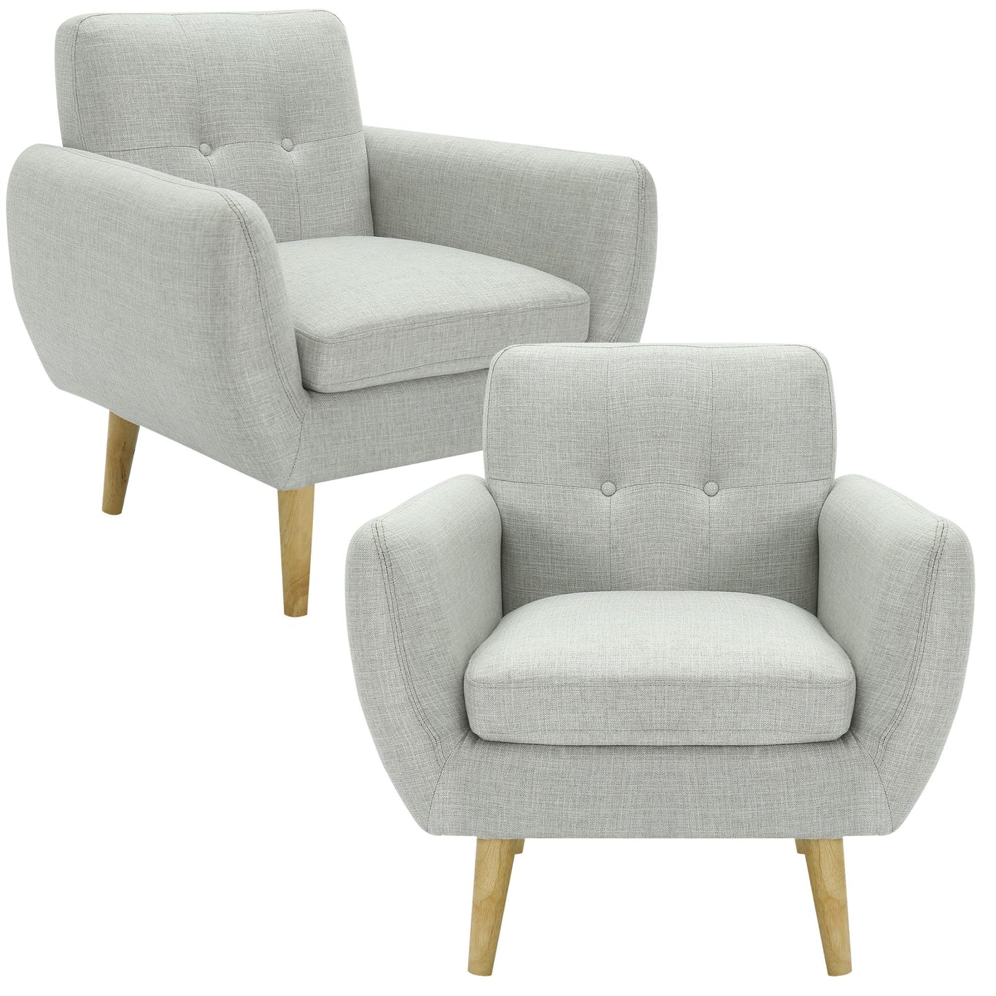 Dane Single Seater Fabric Upholstered Sofa Armchair Set of 2 - Light Grey - Cosy Abode