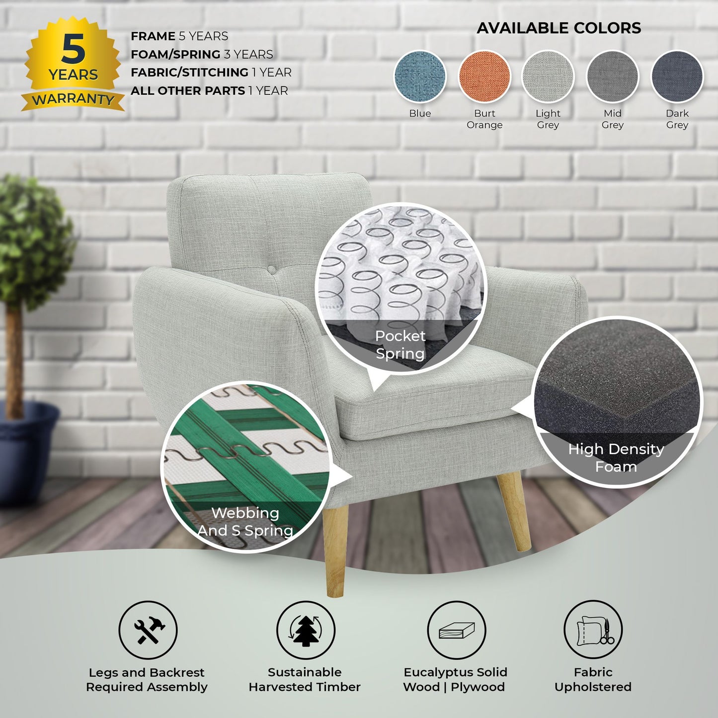 Dane Single Seater Fabric Upholstered Sofa Armchair Lounge Couch - Light Grey - Cosy Abode