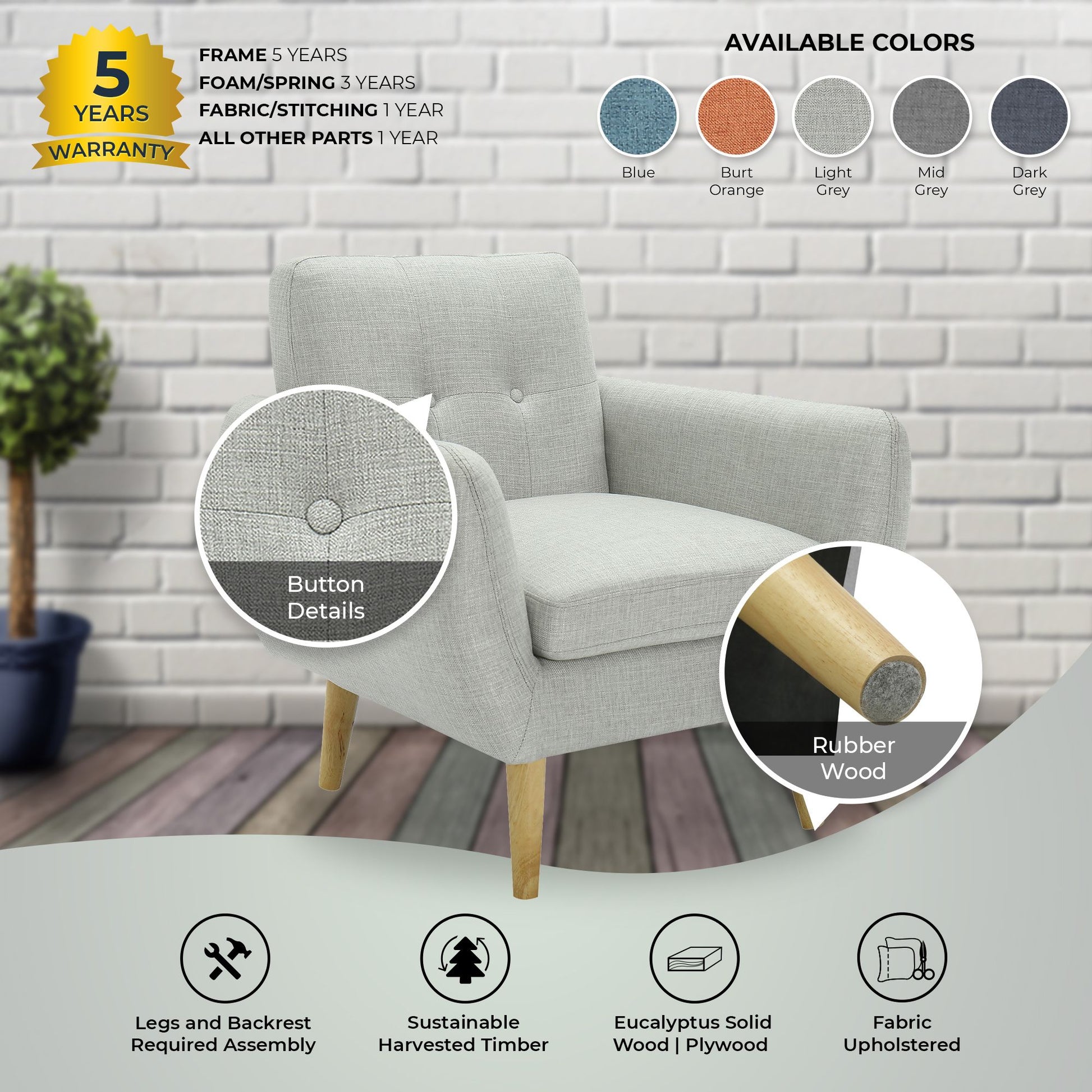Dane Single Seater Fabric Upholstered Sofa Armchair Lounge Couch - Light Grey - Cosy Abode