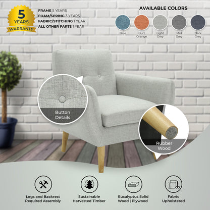 Dane Single Seater Fabric Upholstered Sofa Armchair Lounge Couch - Light Grey - Cosy Abode