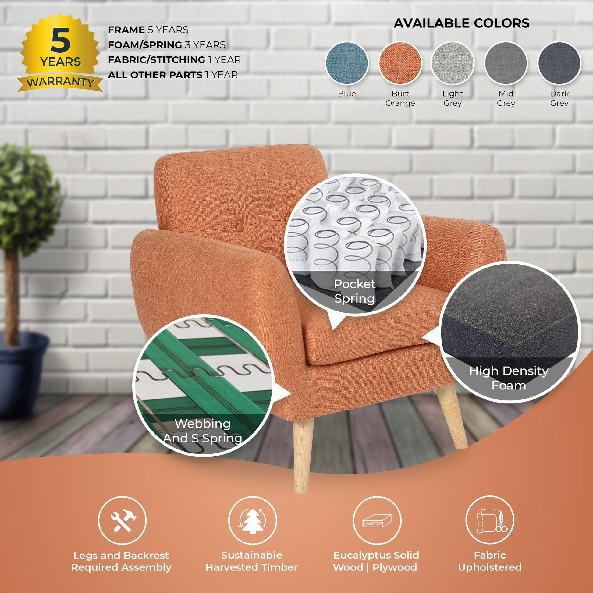 Dane Single Seater Fabric Upholstered Sofa Armchair Set of 2 - Orange - Cosy Abode