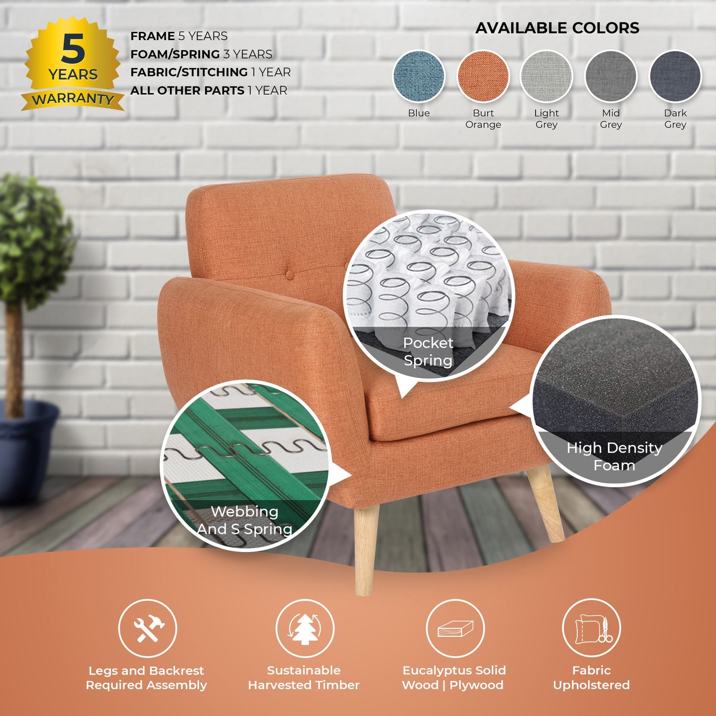 Dane Single Seater Fabric Upholstered Sofa Armchair Lounge Couch - Orange - Cosy Abode