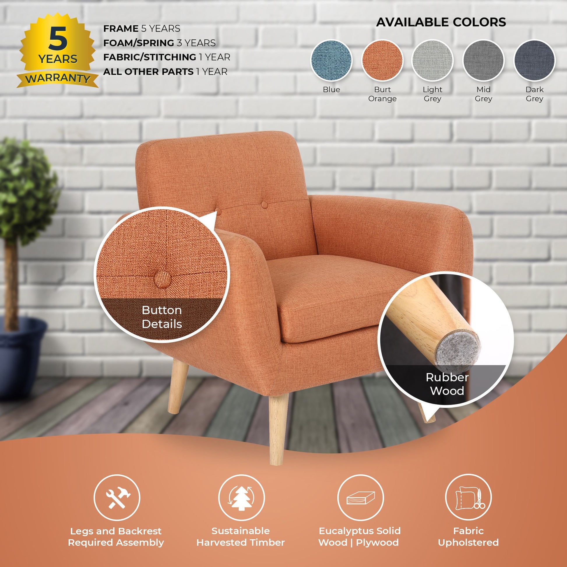 Dane Single Seater Fabric Upholstered Sofa Armchair Lounge Couch - Orange - Cosy Abode