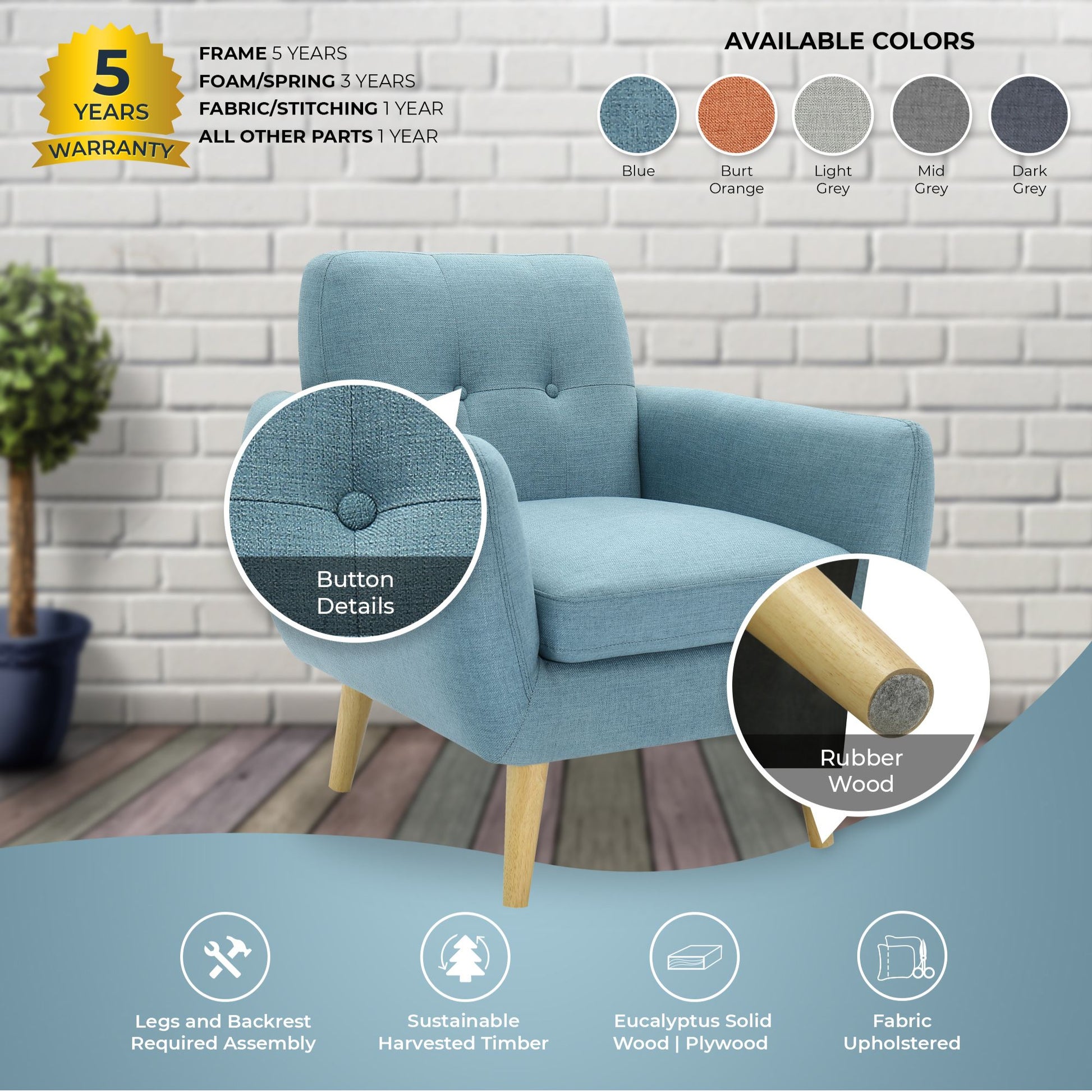 Dane Single Seater Fabric Upholstered Sofa Armchair Set of 2 - Blue - Cosy Abode