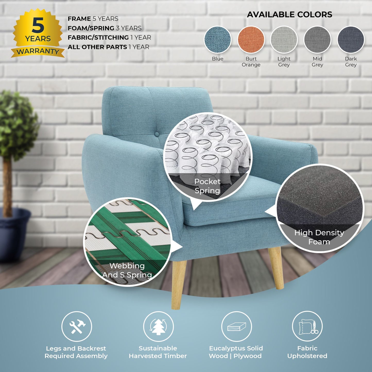 Dane Single Seater Fabric Upholstered Sofa Armchair Lounge Couch - Blue - Cosy Abode