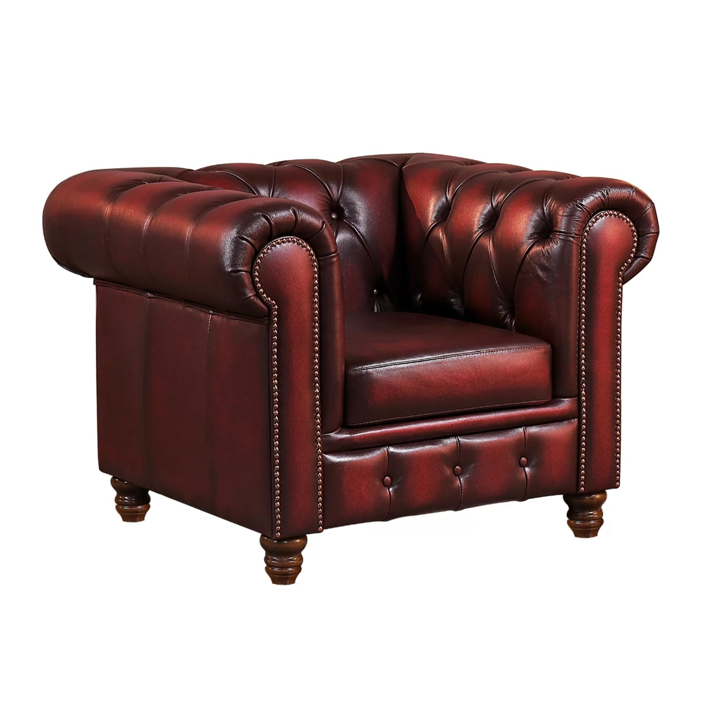 Max Chesterfield Armchair Single Seater Sofa Genuine Leather Antique Red - Cosy Abode