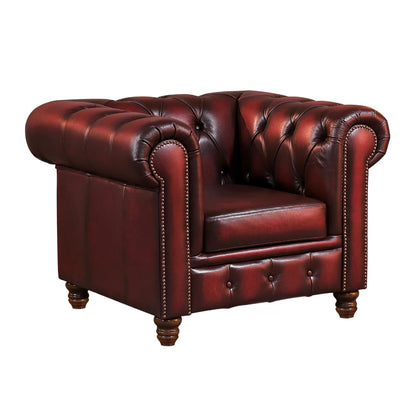 Max Chesterfield Armchair Single Seater Sofa Genuine Leather Antique Red - Cosy Abode